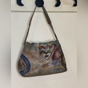 Jane Yoo Hand Painted and Signed Brown Abstract Print Leather Shoulder Purse